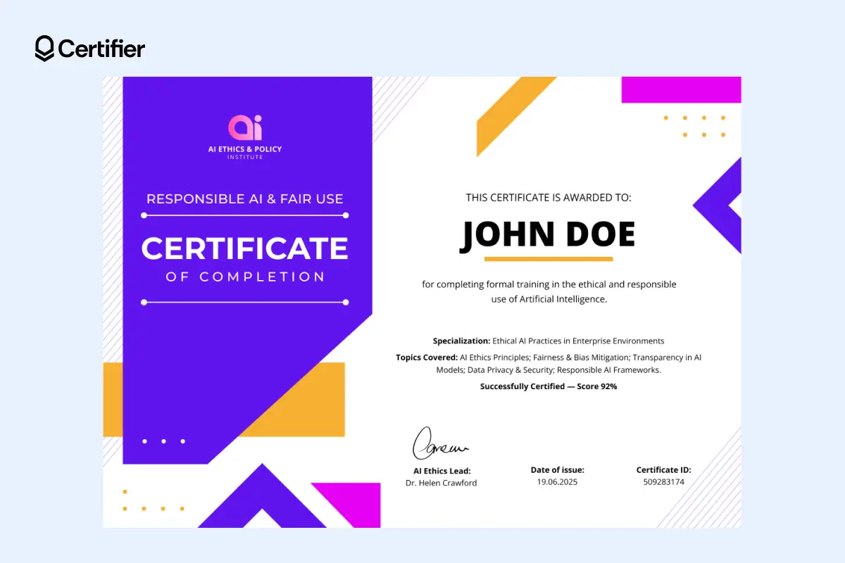 Violet AI certificate template with bold left panel and logo placement; a design that lets export certificates to PDF. Violet AI certificate template with bold left panel and logo placement; a design that lets export certificates to PDF.