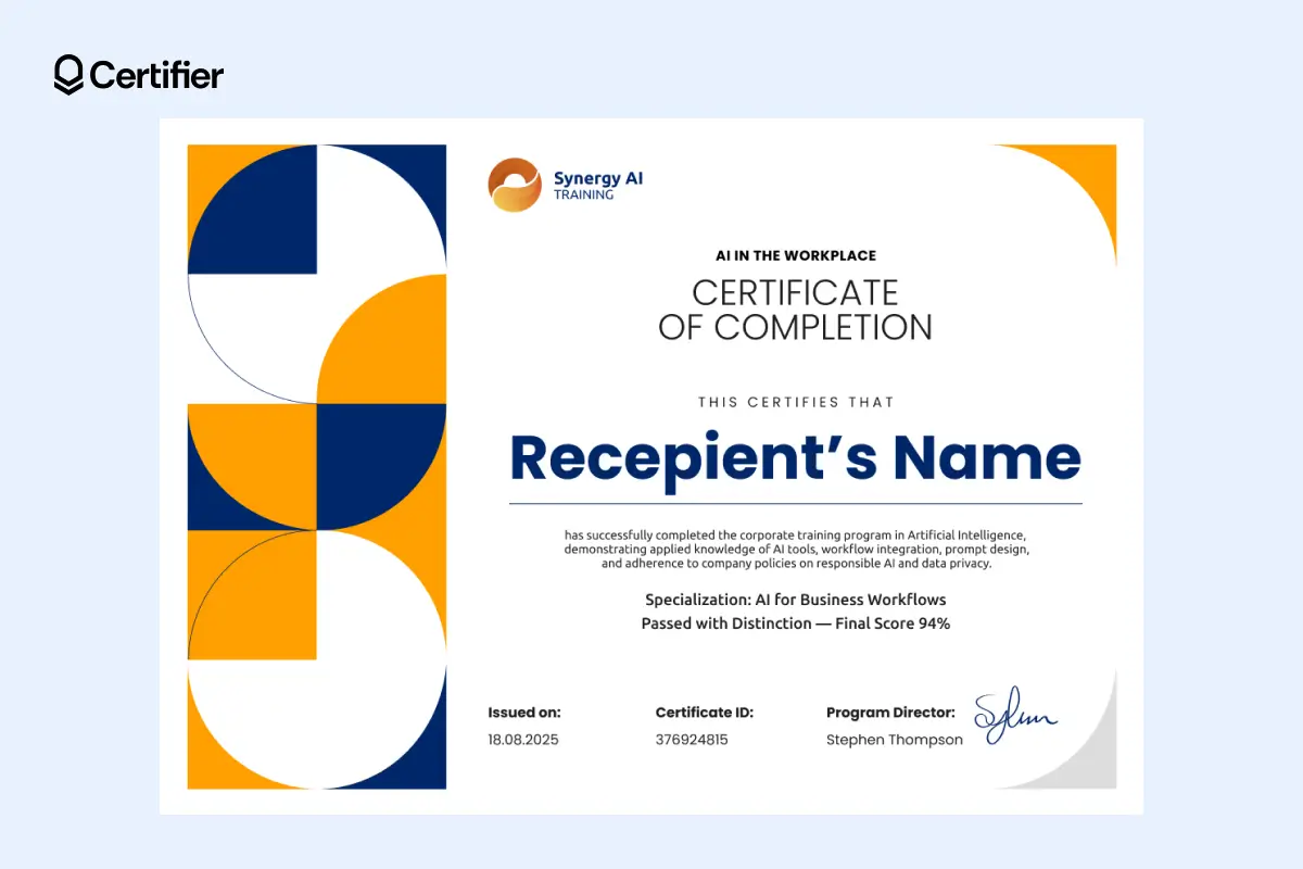 Editable AI certificate template with geometric design and corporate training details. Editable AI certificate template with geometric design and corporate training details.