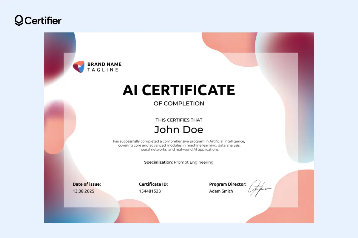 Bright, gradient-colored certificate template designed for AI courses like prompt engineering; a design that lets generating personalized certificate effortlessly. Bright, gradient-colored certificate template designed for AI courses like prompt engineering; a design that lets generating personalized certificate effortlessly.