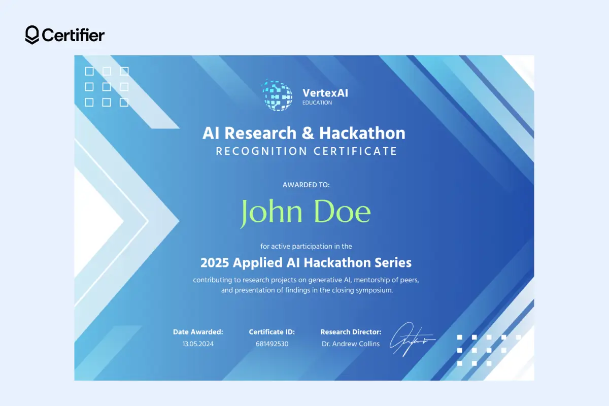 Blue-toned AI certificate template with layered geometric accents, designed for hackathons and AI research events. Blue-toned AI certificate template with layered geometric accents, designed for hackathons and AI research events.