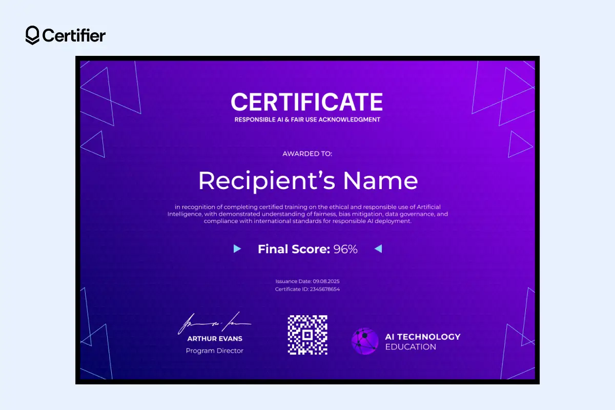 Dark purple AI certificate template with triangular line details and a QR code for easy verification. Dark purple AI certificate template with triangular line details and a QR code for easy verification.