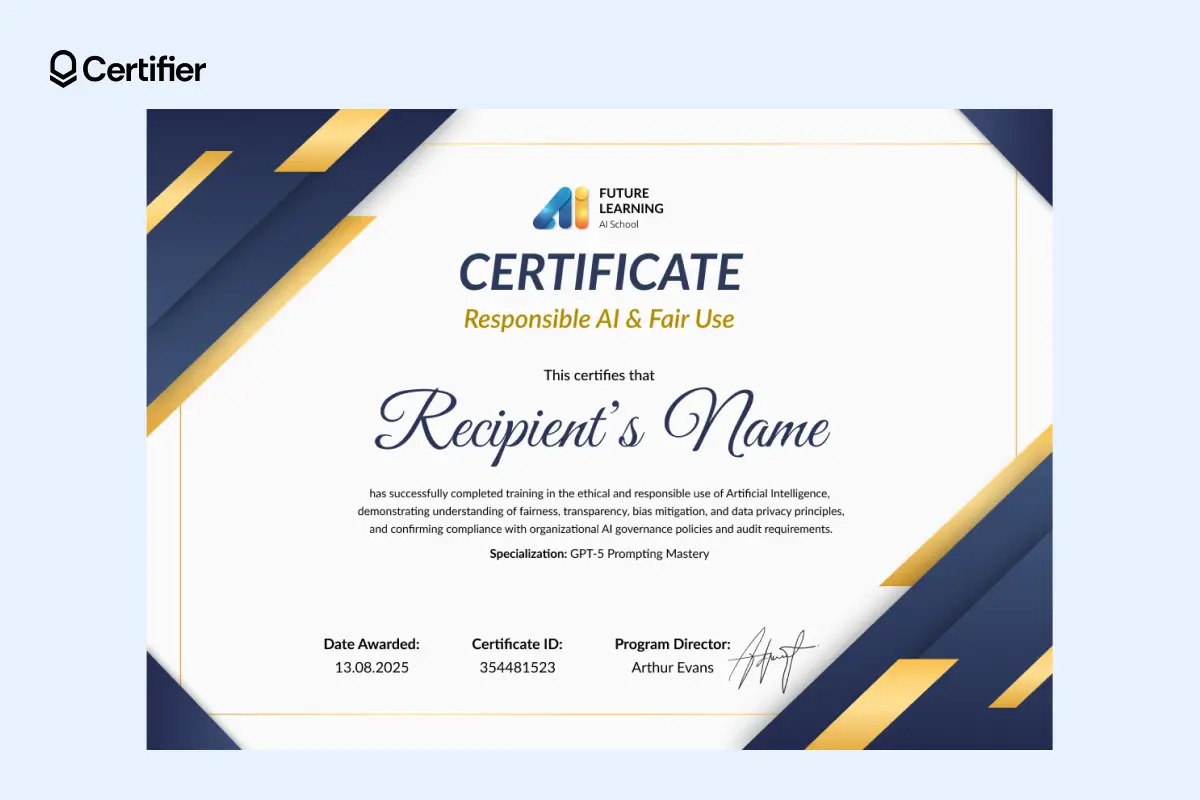 AI certificate template Word with dark-blue and gold accents, featuring a handwritten-style recipient name for a personalized look. AI certificate template Word with dark-blue and gold accents, featuring a handwritten-style recipient name for a personalized look.