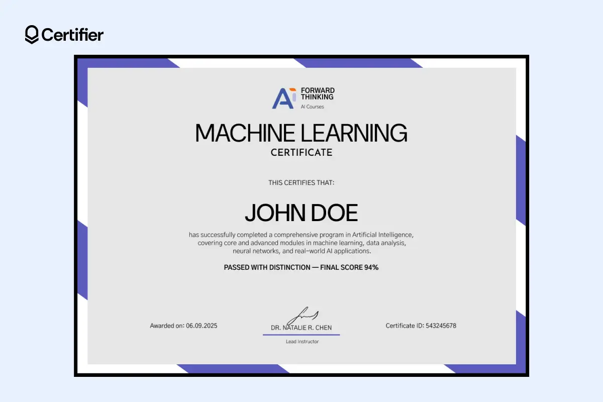 Gray AI certificate template with a modern, minimalist layout designed for clarity and readability. Gray AI certificate template with a modern, minimalist layout designed for clarity and readability.