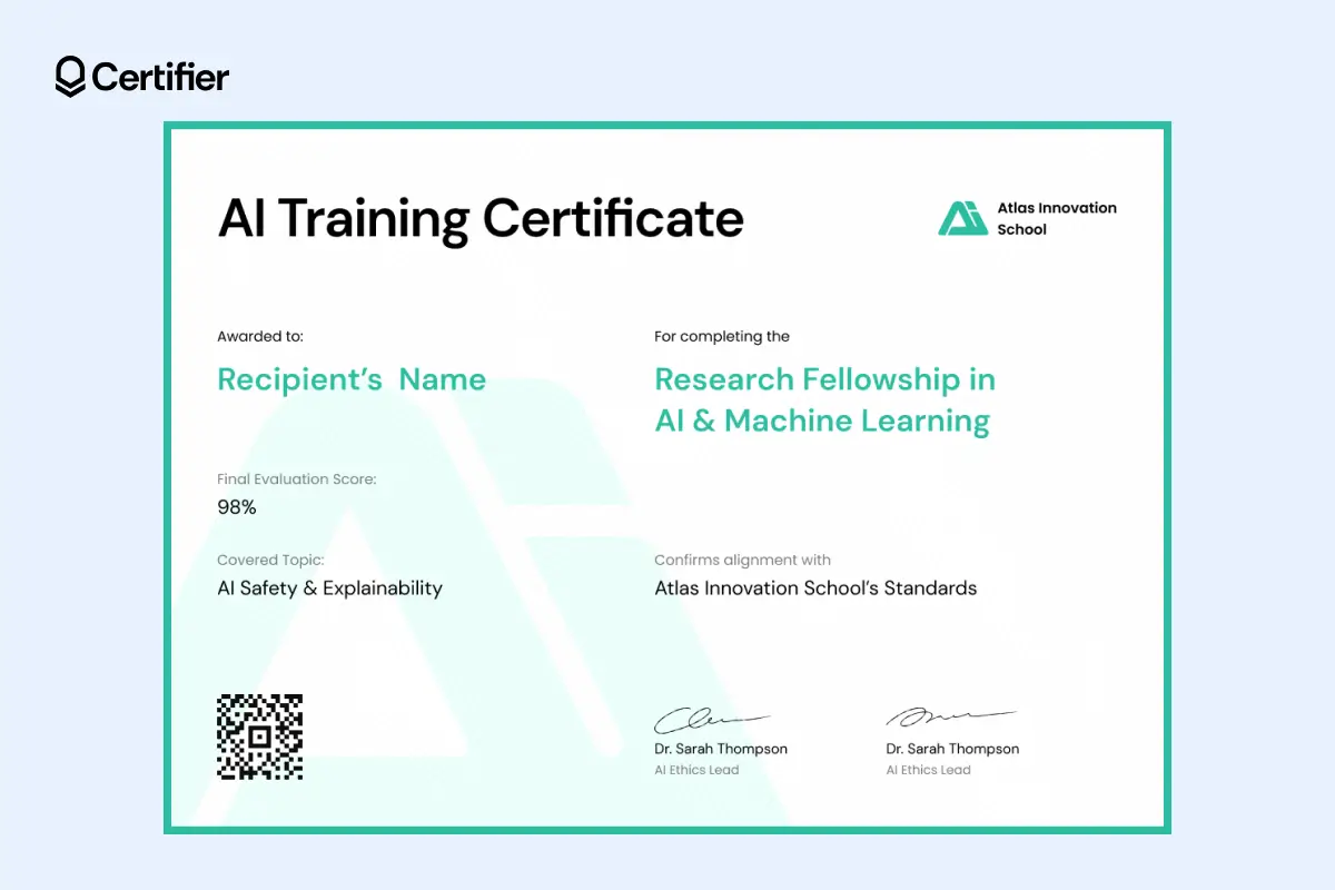 AI training certificate template with green accents, adaptable for research, courses or workshops. AI training certificate template with green accents, adaptable for research, courses or workshops.
