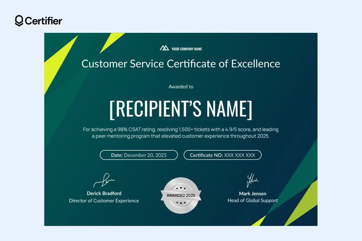 Dark green customer service certificate template with modern highlights and award badge. Dark green customer service certificate template with modern highlights and award badge.