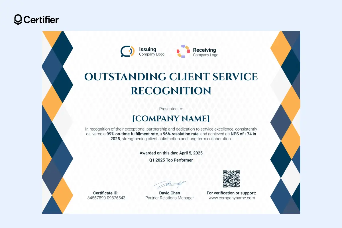 Blue and orange geometric customer service certificate template with QR code. Blue and orange geometric customer service certificate template with QR code.