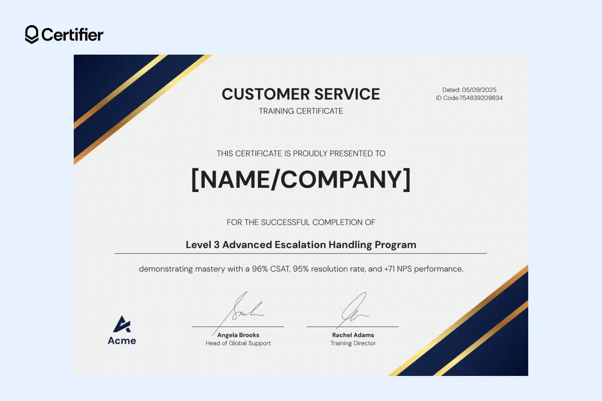 Blue and gold customer service training certificate template with endless dots in the background. Blue and gold customer service training certificate template with endless dots in the background.