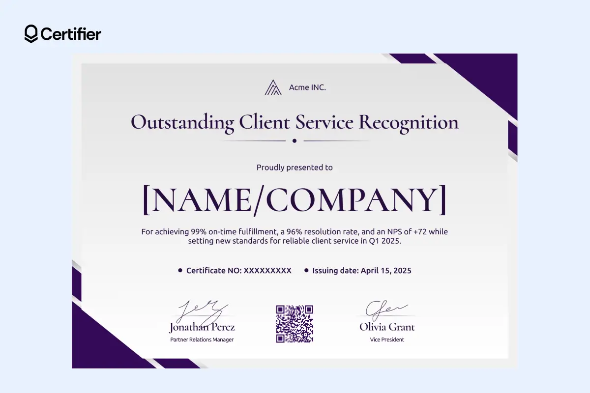 Purple customer service certificate template with detailed achievement description. Purple customer service certificate template with detailed achievement description.