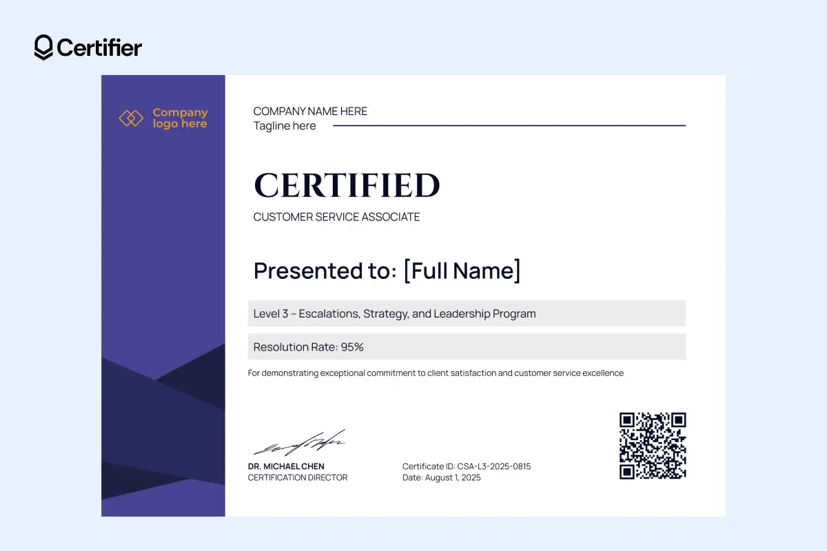 Minimalist customer service training certificate template with purple stripe and logo placeholder. Minimalist customer service training certificate template with purple stripe and logo placeholder.