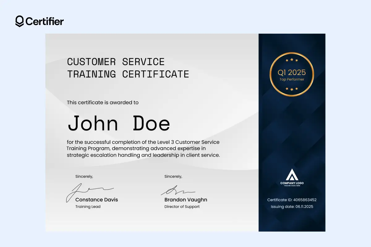 Gray customer service certificate template with golden badge and two signature fields. Gray customer service certificate template with golden badge and two signature fields.