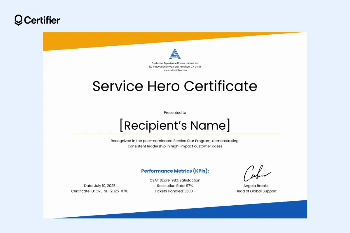 White and orange customer service certificate template with company details and metrics. White and orange customer service certificate template with company details and metrics.