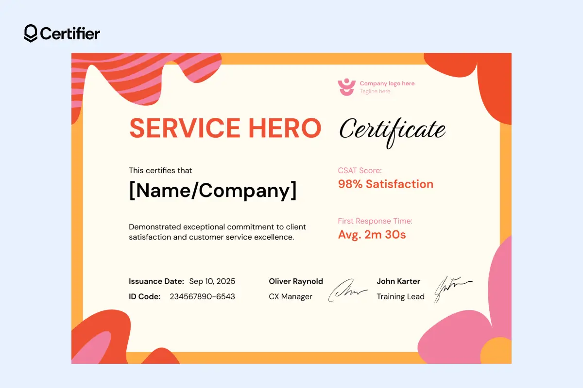 Cheerful customer service certificate template with satisfaction score and response time metrics. Cheerful customer service certificate template with satisfaction score and response time metrics.