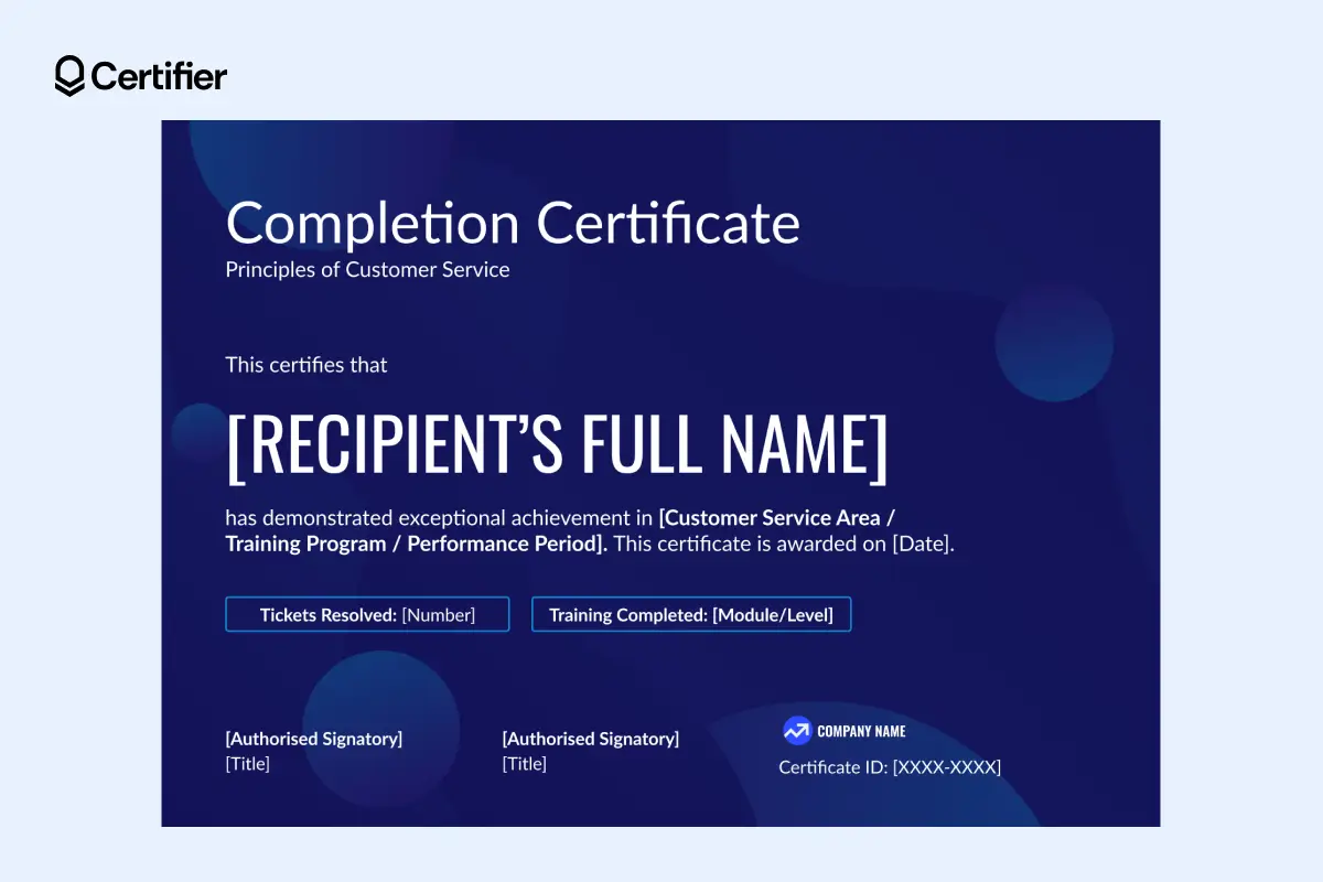 Professional blue customer service training certificate template with KPI boxes. Professional blue customer service training certificate template with KPI boxes.