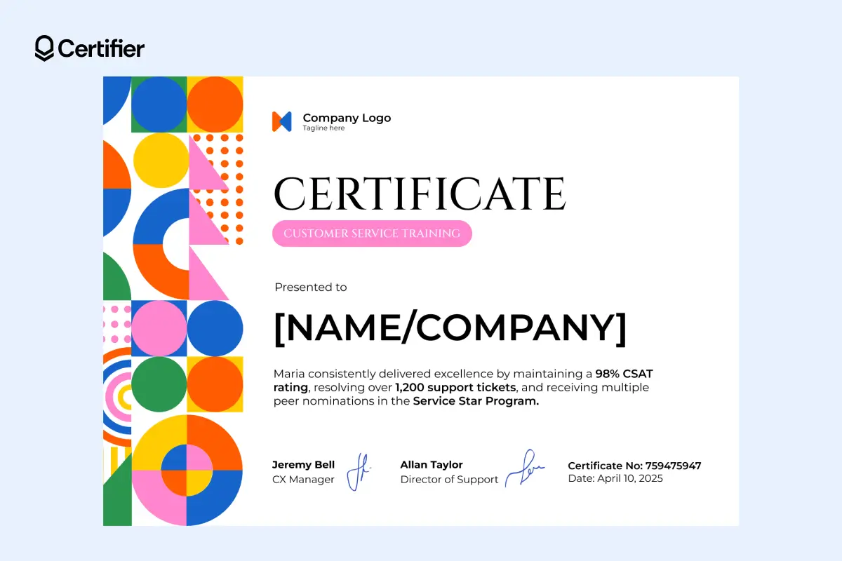 Colorful abstract customer service certificate template with digital signature fields; it may suit teams and individuals. Colorful abstract customer service certificate template with digital signature fields; it may suit teams and individuals.