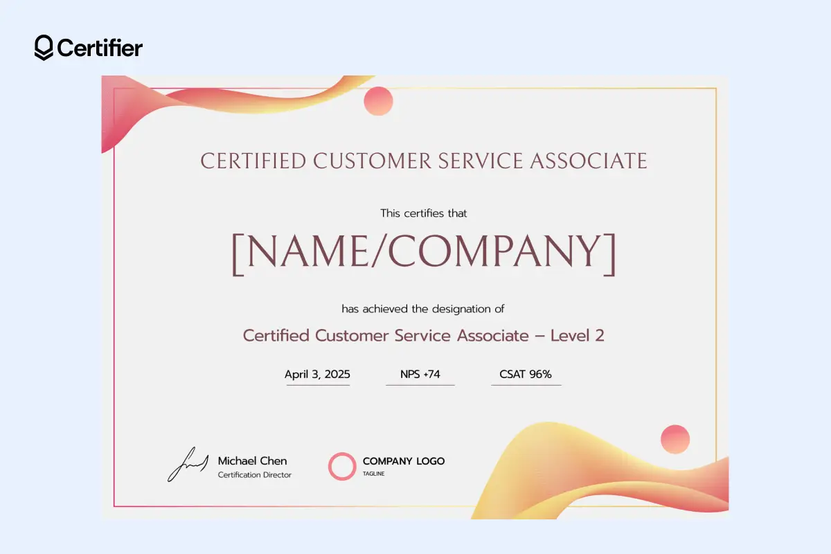 Elegant customer service training certificate template with soft gradient details to explore; great to boost team morale. Elegant customer service training certificate template with soft gradient details to explore; great to boost team morale.
