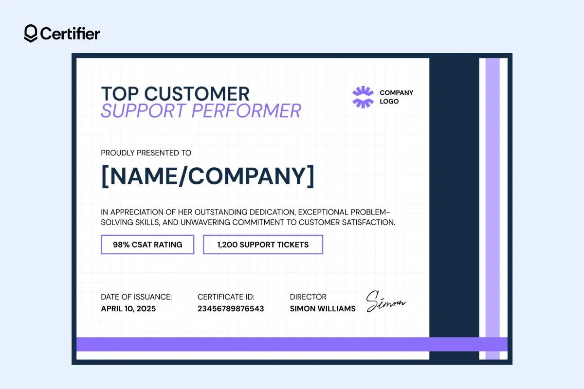 Purple-themed customer support certificate template with boxed KPIs and modern background. Purple-themed customer support certificate template with boxed KPIs and modern background.