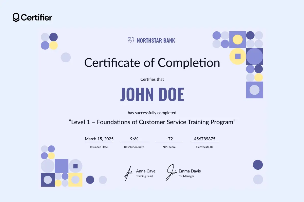 Light purple customer service training certificate template with NPS and resolution rate. Light purple customer service training certificate template with NPS and resolution rate.