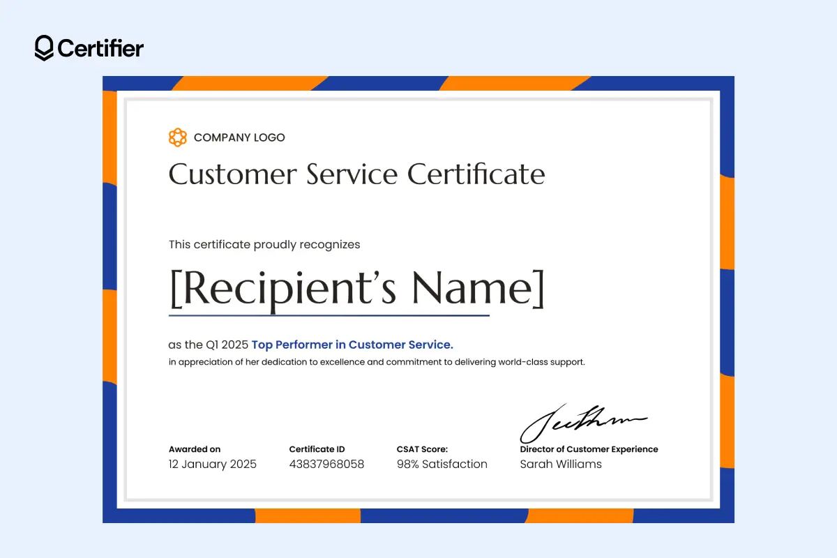 Orange and blue customer service certificate template with clean borders and clear hierarchy to ensure clarity and recognition. Orange and blue customer service certificate template with clean borders and clear hierarchy to ensure clarity and recognition.