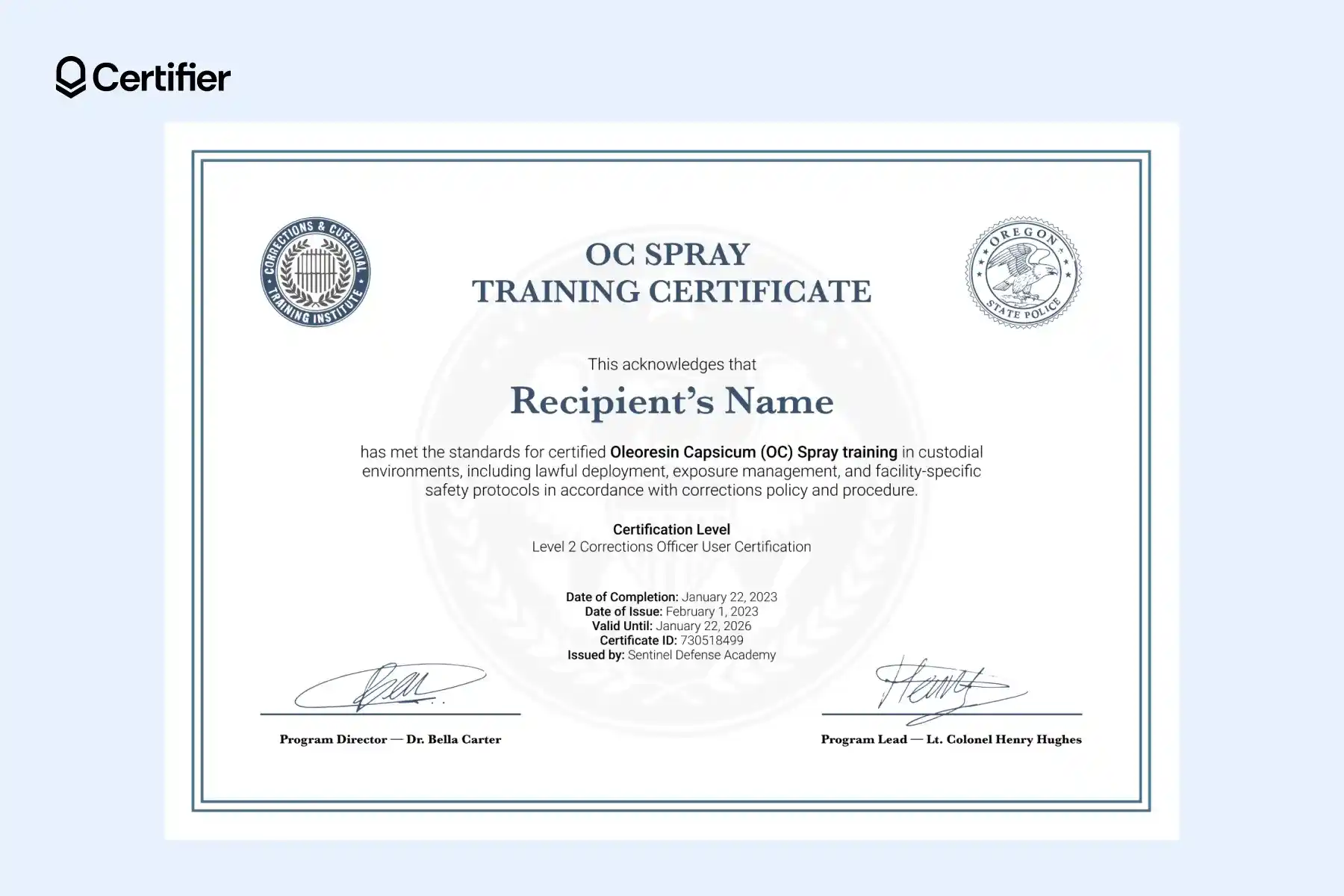 OC spray certificate template with blue-gray frame and double institutional seals. OC spray certificate template with blue-gray frame and double institutional seals.