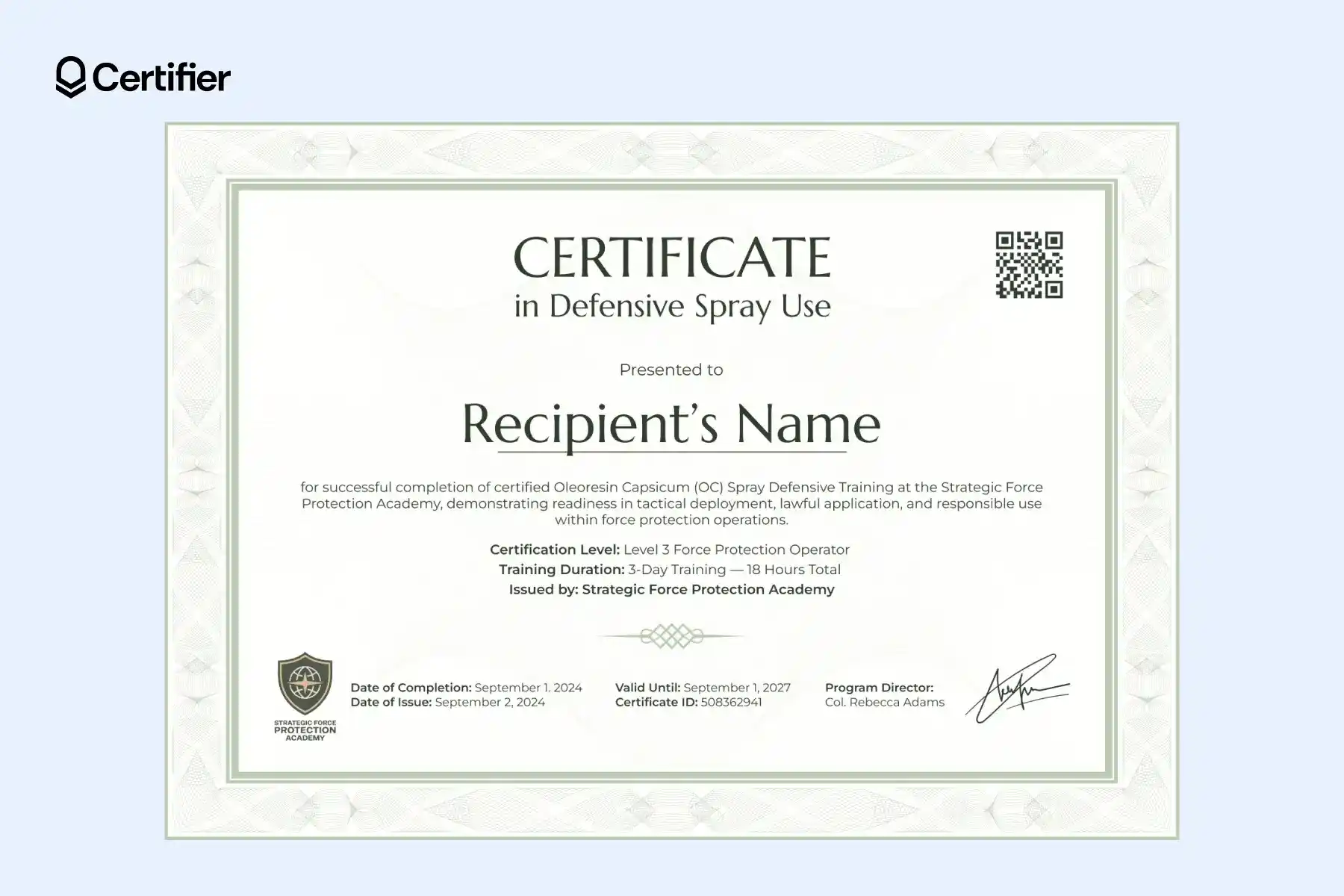 Elegant oc spray certificate template with soft green tones and decorative border. Elegant oc spray certificate template with soft green tones and decorative border.