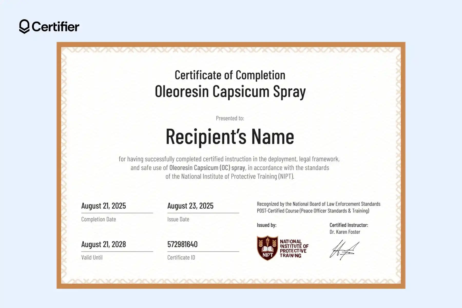 Modern pepper spray certification template with orange border and bold recipient name. Modern pepper spray certification template with orange border and bold recipient name.