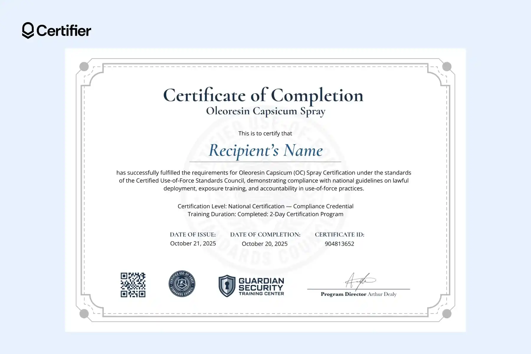 OC spray certificate template with gray border, background emblem and structured layout featuring QR code, certification level and program director’s signature. OC spray certificate template with gray border, background emblem and structured layout featuring QR code, certification level and program director’s signature.