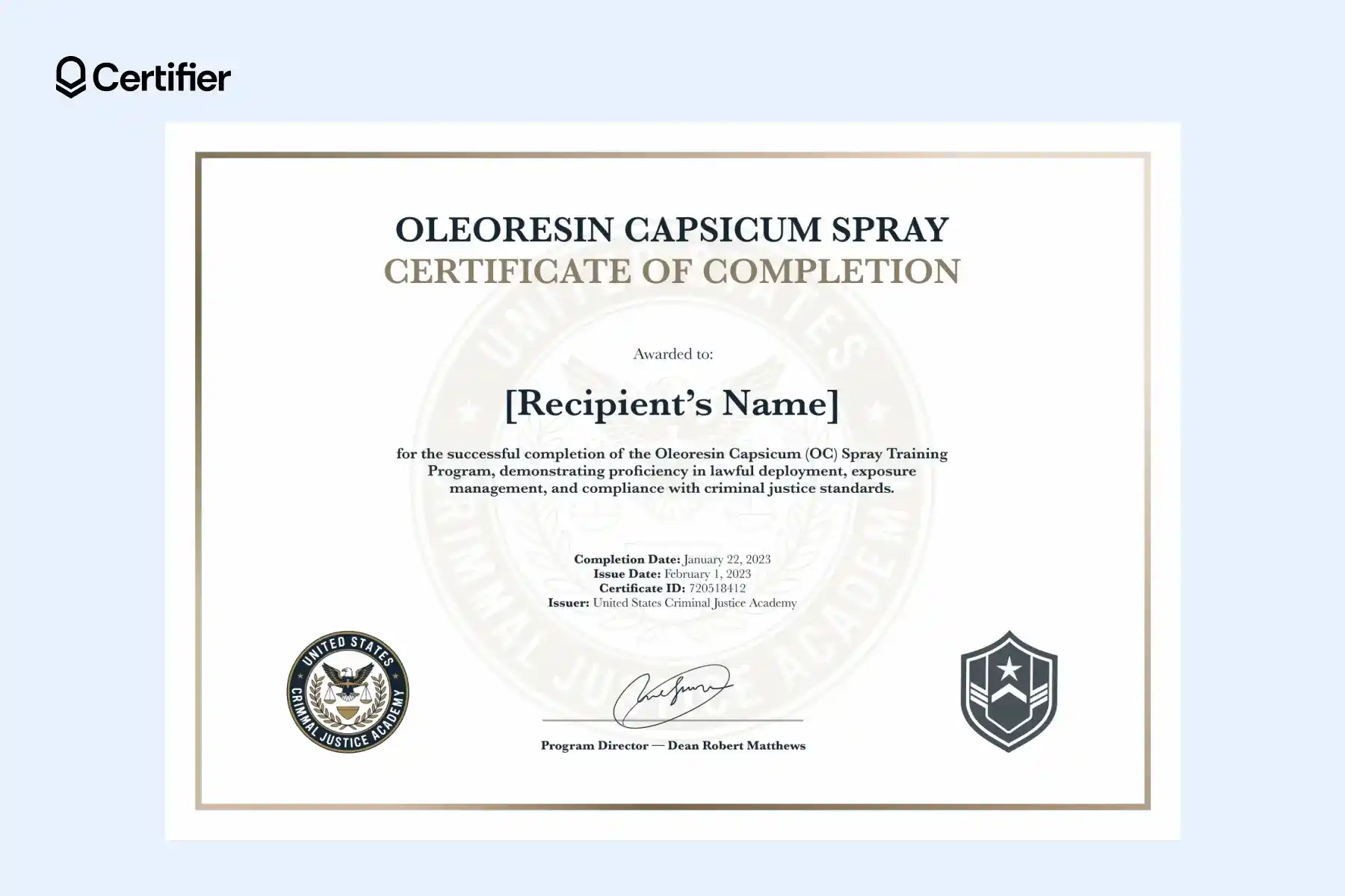 OC spray certification template with gray palette, two logos, digital signatures and gradient frame. OC spray certification template with gray palette, two logos, digital signatures and gradient frame.