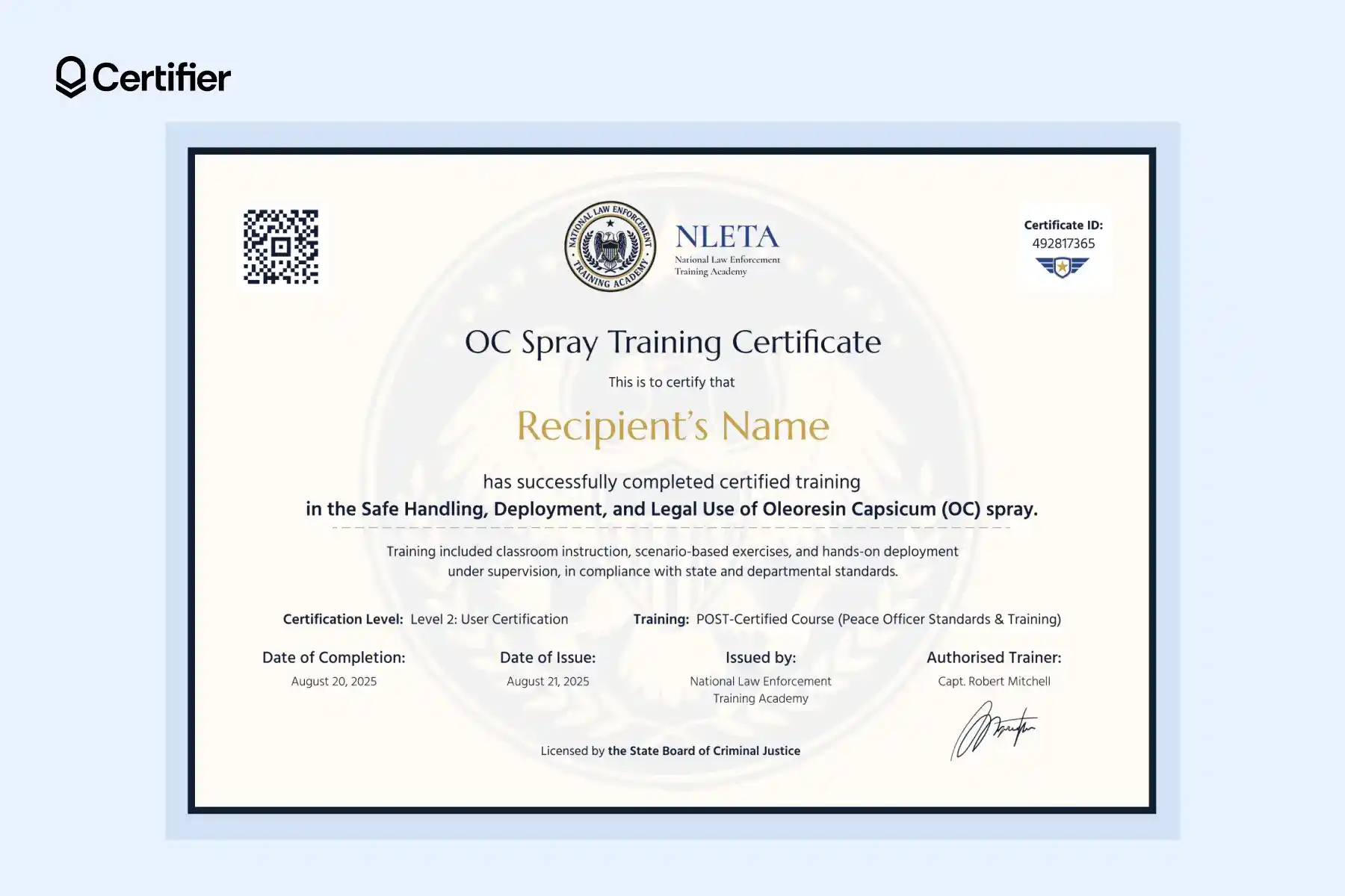 OC spray certificate template with QR code and organized layout. OC spray certificate template with QR code and organized layout.