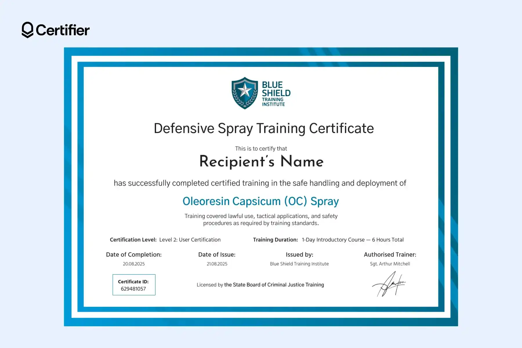 OC certification template with blue border and e-signature field. OC certification template with blue border and e-signature field.
