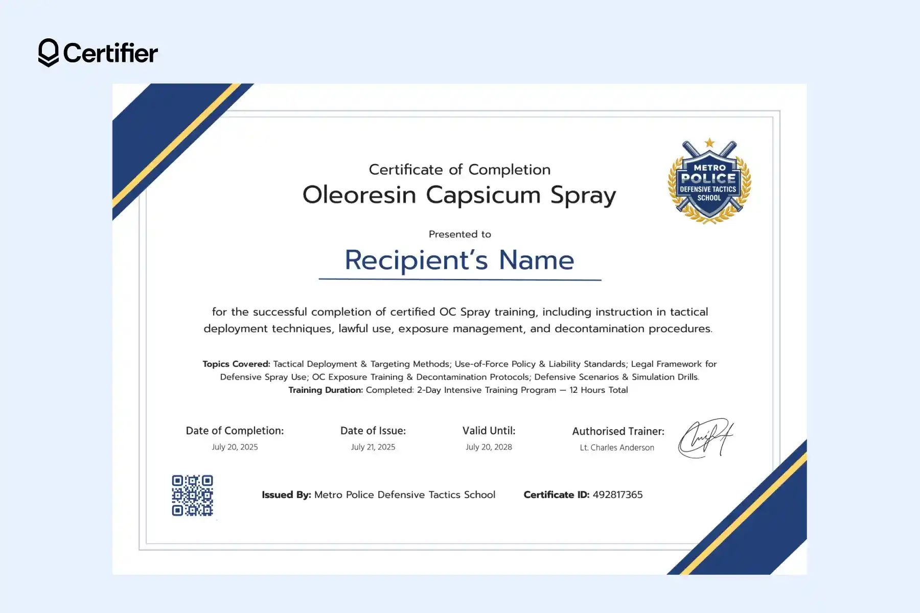 Pepper spray certification template with logo and topic coverage. Pepper spray certification template with logo and topic coverage.
