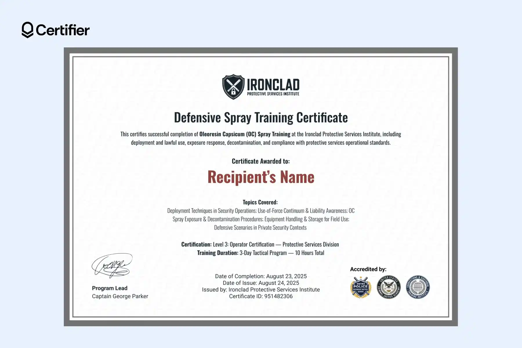 OC spray certificate template with accreditation logos and grey professional layout. OC spray certificate template with accreditation logos and grey professional layout.