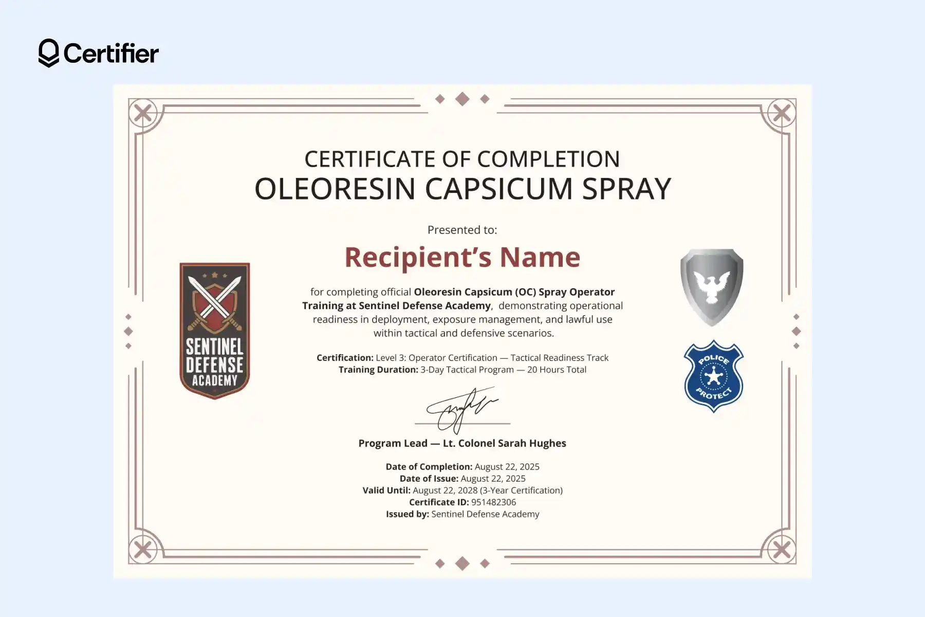 Centered oc spray certificate template with editable fields and customizable logo placement. Centered oc spray certificate template with editable fields and customizable logo placement.