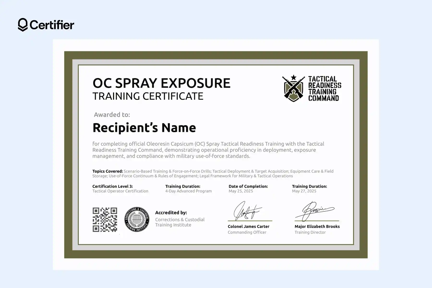 Pepper spray certification template with green border and two digital trainer signatures. Pepper spray certification template with green border and two digital trainer signatures.