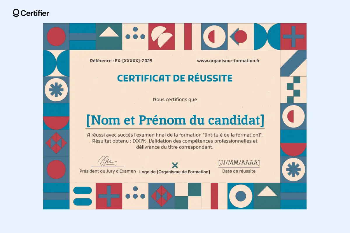 Exemple de certificat de réussite modèle géométrique utilisé lors d’un événement scolaire, avec ID de certificat. Exemple de certificat de réussite modèle géométrique utilisé lors d’un événement scolaire, avec ID de certificat.