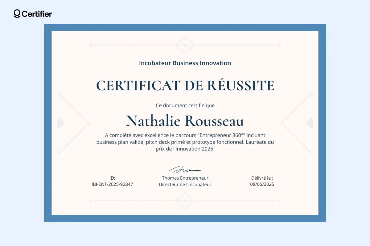 Modèle gratuit de certificat de réussite élégant avec espaces pour les résultats et le logo de l’entreprise. Modèle gratuit de certificat de réussite élégant avec espaces pour les résultats et le logo de l’entreprise.