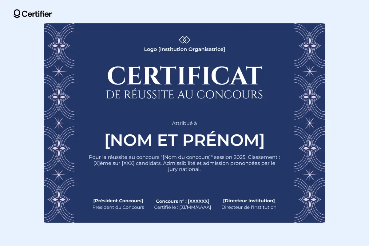 Certificat de réussite modèle bleu foncé avec motifs d’étoiles pour récompenser une activité extrascolaire. Certificat de réussite modèle bleu foncé avec motifs d’étoiles pour récompenser une activité extrascolaire.