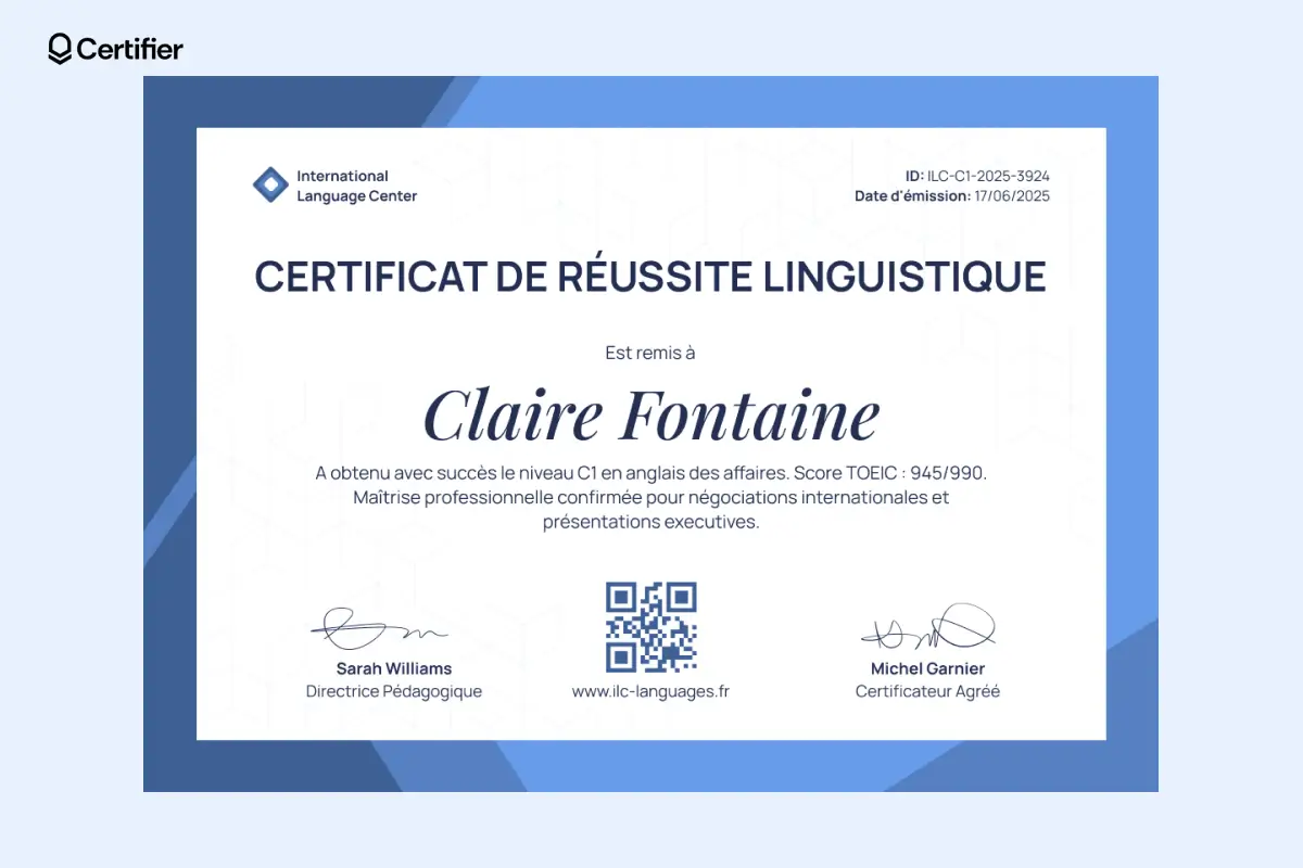 Certificat de réussite modèle professionnel dédié à une action environnementale, avec QR code et logo. Certificat de réussite modèle professionnel dédié à une action environnementale, avec QR code et logo.