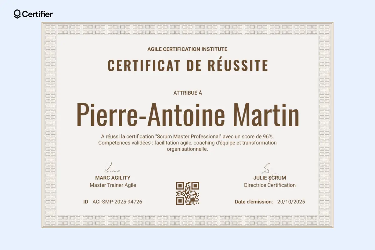 Certificat de réussite modèle gratuit au format professionnel avec QR code, logo et signatures. Certificat de réussite modèle gratuit au format professionnel avec QR code, logo et signatures.