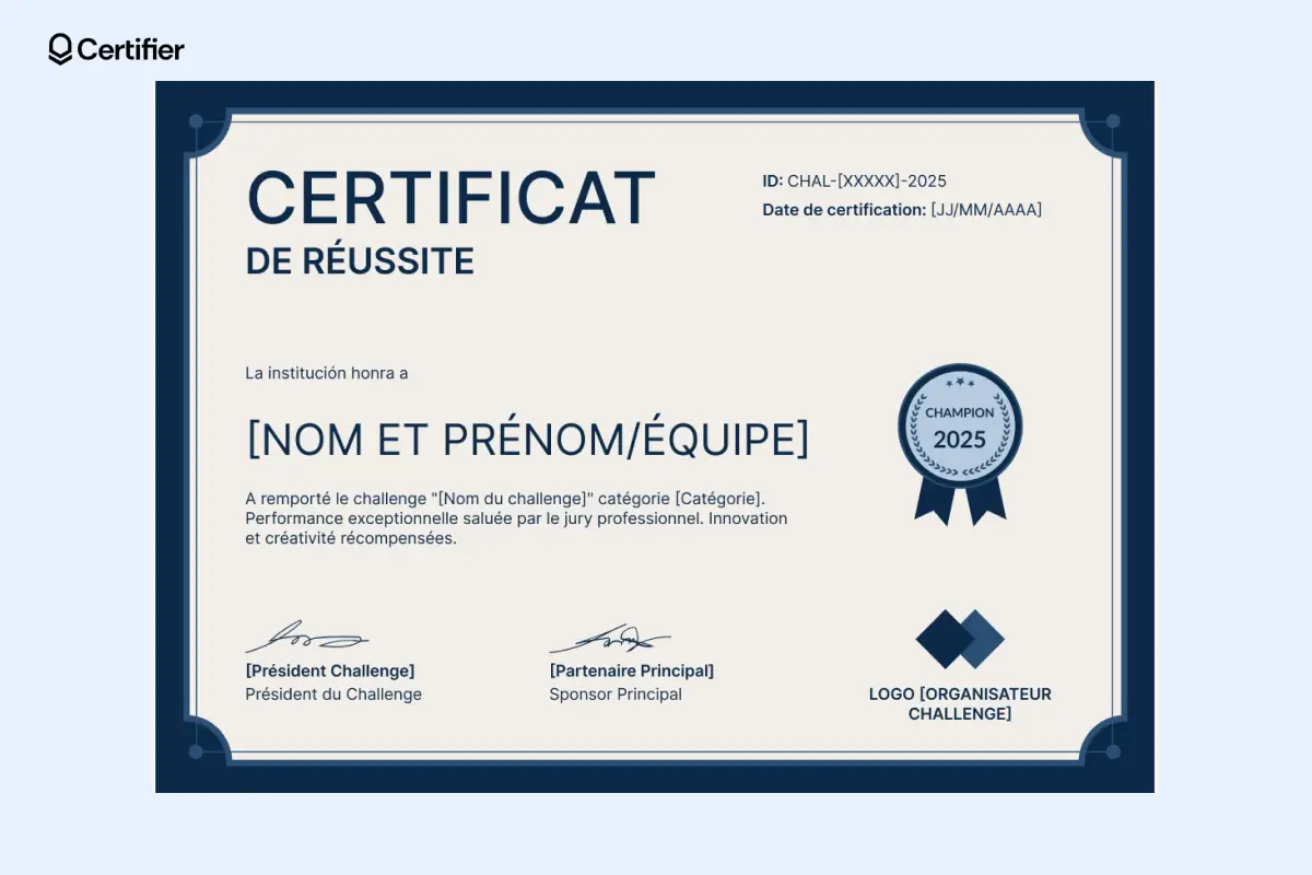 Certificat de réussite modèle gratuit pour la performance commerciale, en bleu marine avec badge en ruban. Certificat de réussite modèle gratuit pour la performance commerciale, en bleu marine avec badge en ruban.