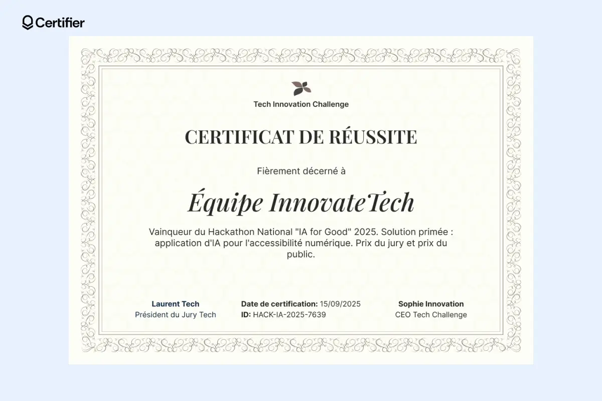 Certificat de réussite modèle Word au style académique avec typographie classique et bordures détaillées. Certificat de réussite modèle Word au style académique avec typographie classique et bordures détaillées.