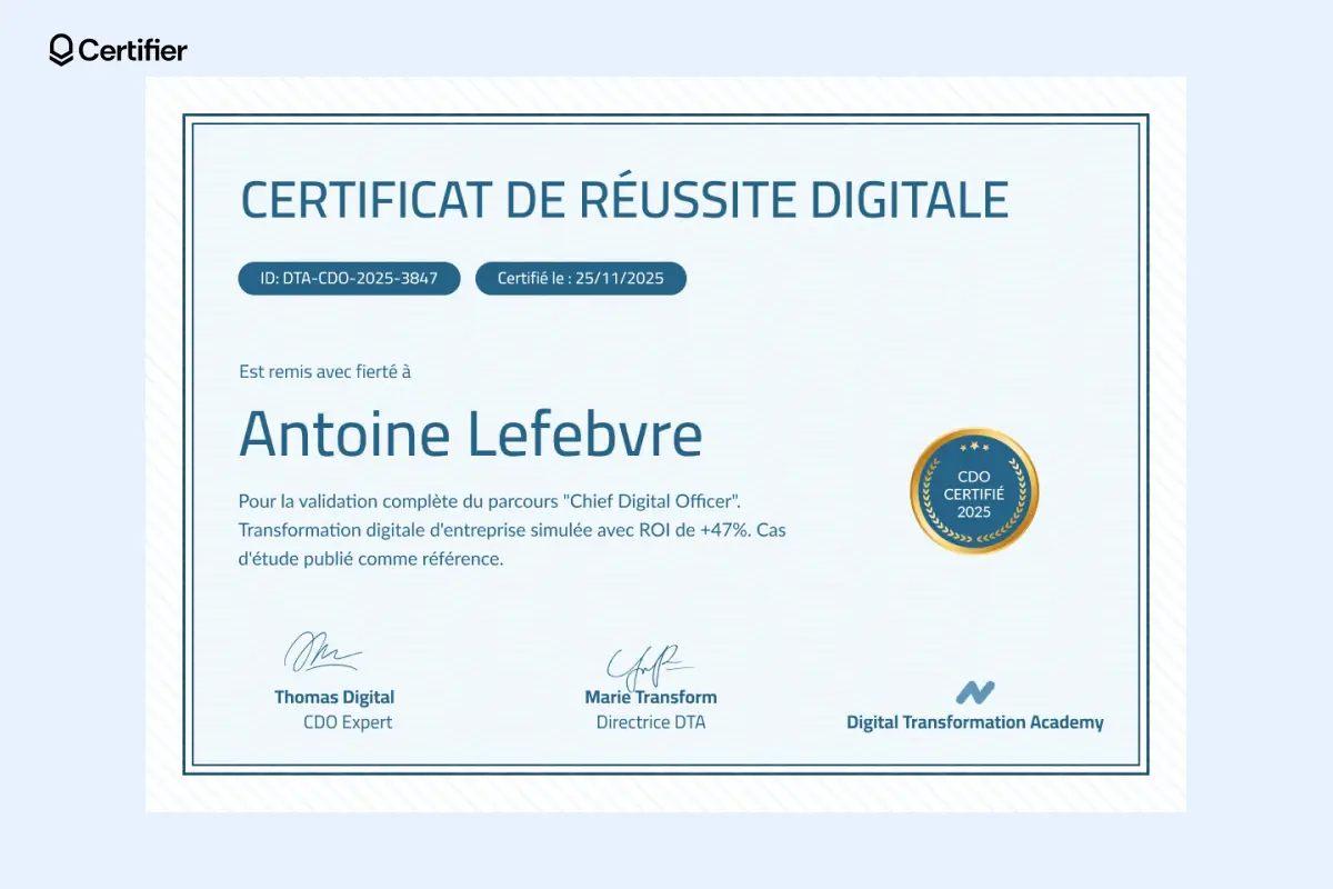 Certificat de réussite modèle Word bleu clair avec sceau doré, conçu pour récompenser des gains d’efficacité. Certificat de réussite modèle Word bleu clair avec sceau doré, conçu pour récompenser des gains d’efficacité.