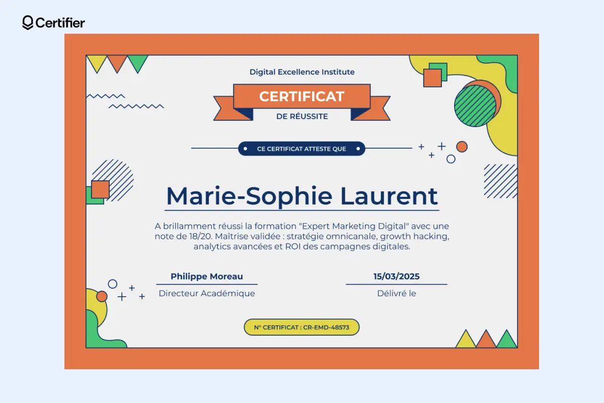 Certificat de réussite modèle coloré remis à Ethan Foster pour une compétition de programmation, avec logo et signature personnalisables. Certificat de réussite modèle coloré remis à Ethan Foster pour une compétition de programmation, avec logo et signature personnalisables.