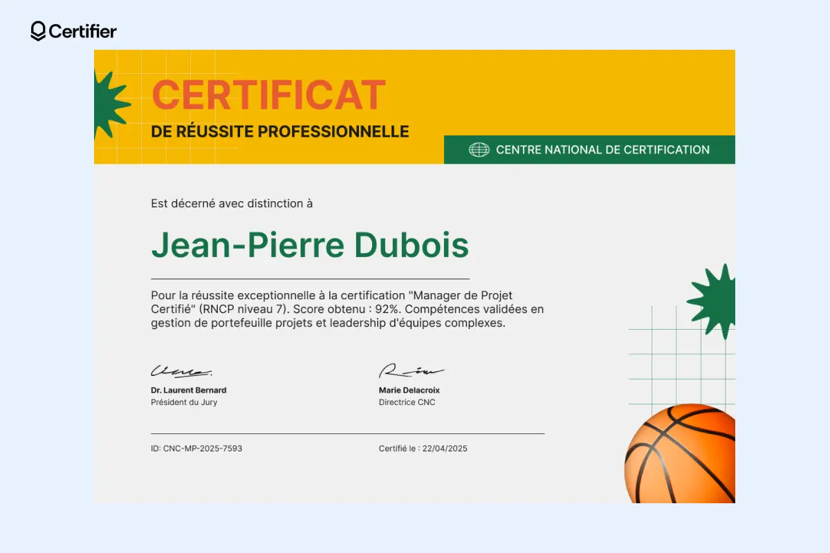 Modèle de certificat de réussite sur le thème du basketball avec espaces pour signatures et logo d’entreprise. Modèle de certificat de réussite sur le thème du basketball avec espaces pour signatures et logo d’entreprise.