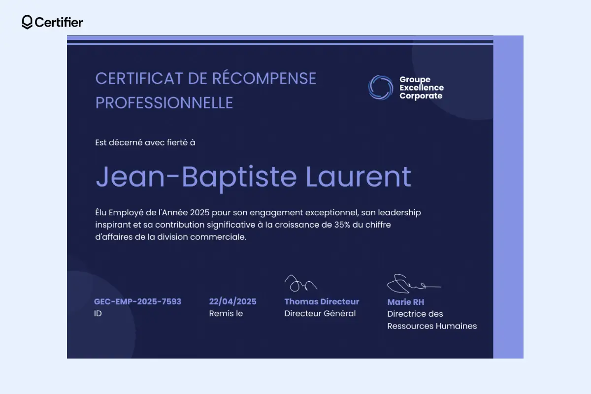 Certificat de récompense modèle avec accent bleu et nom du destinataire en gras pour mettre en valeur une performance. Certificat de récompense modèle avec accent bleu et nom du destinataire en gras pour mettre en valeur une performance.