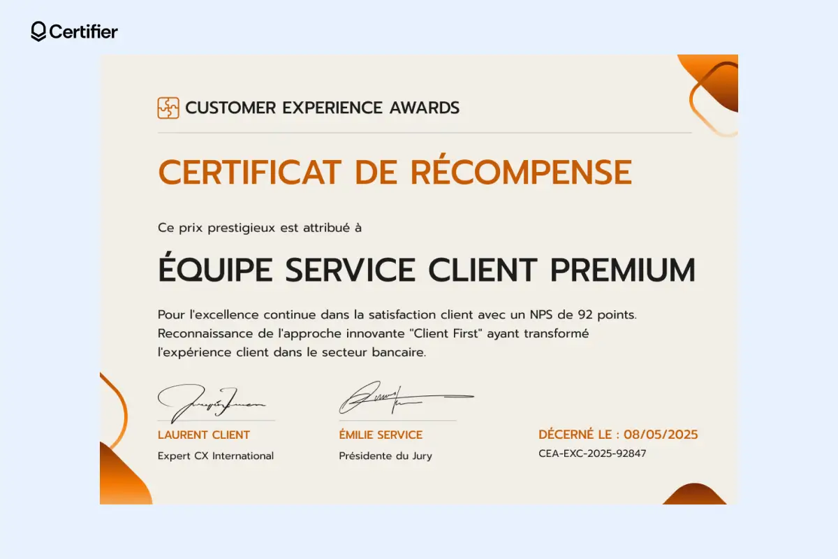 Certificat de récompense modèle pour ventes avec accents orange et mise en page neutre. Certificat de récompense modèle pour ventes avec accents orange et mise en page neutre.