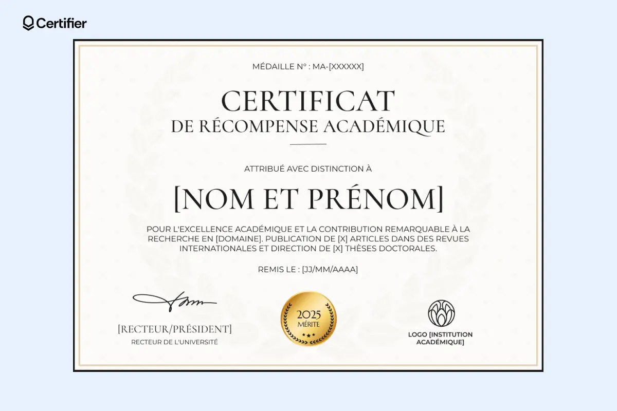 Certificat de récompense modèle académique avec fond texturé et sceau doré. Certificat de récompense modèle académique avec fond texturé et sceau doré.