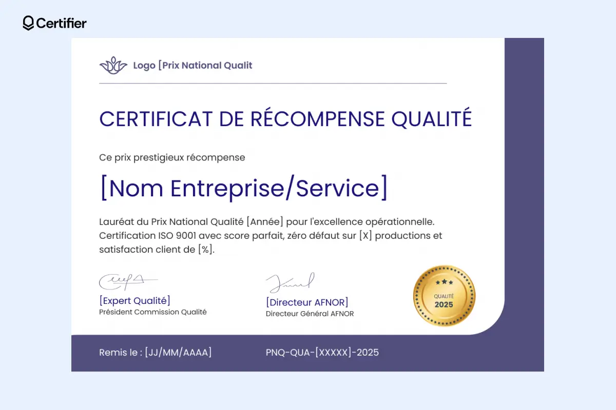 Certificat de récompense modèle clair et épuré avec champs personnalisables. Certificat de récompense modèle clair et épuré avec champs personnalisables.