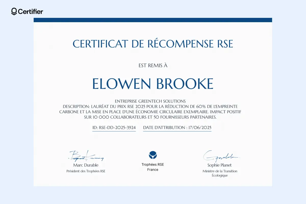 Certificat de récompense modèle structuré avec nom du bénéficiaire en gras. Certificat de récompense modèle structuré avec nom du bénéficiaire en gras.