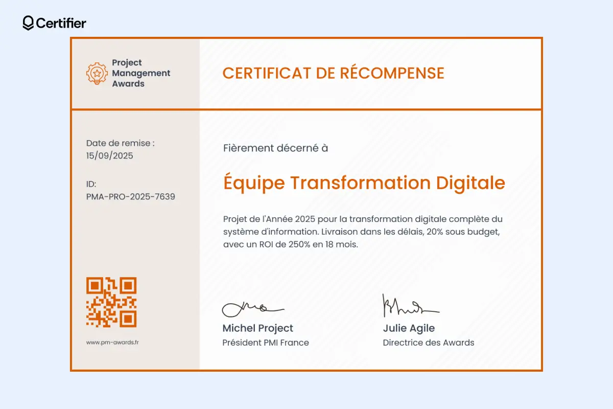 Certificat de récompense modèle avec mise en page claire, surlignage orange et QR code. Certificat de récompense modèle avec mise en page claire, surlignage orange et QR code.