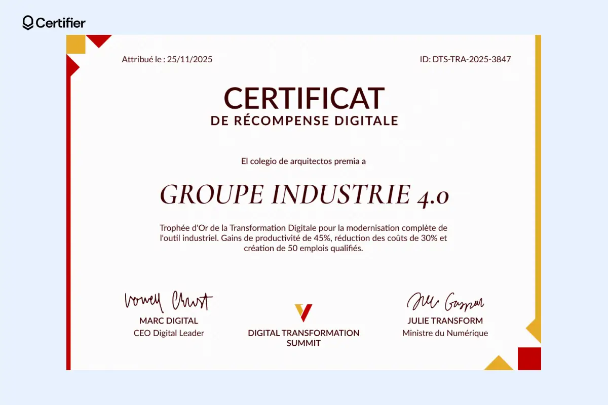 Certificat de récompense modèle aux accents bordeaux et or pour victoire ou compétition. Certificat de récompense modèle aux accents bordeaux et or pour victoire ou compétition.